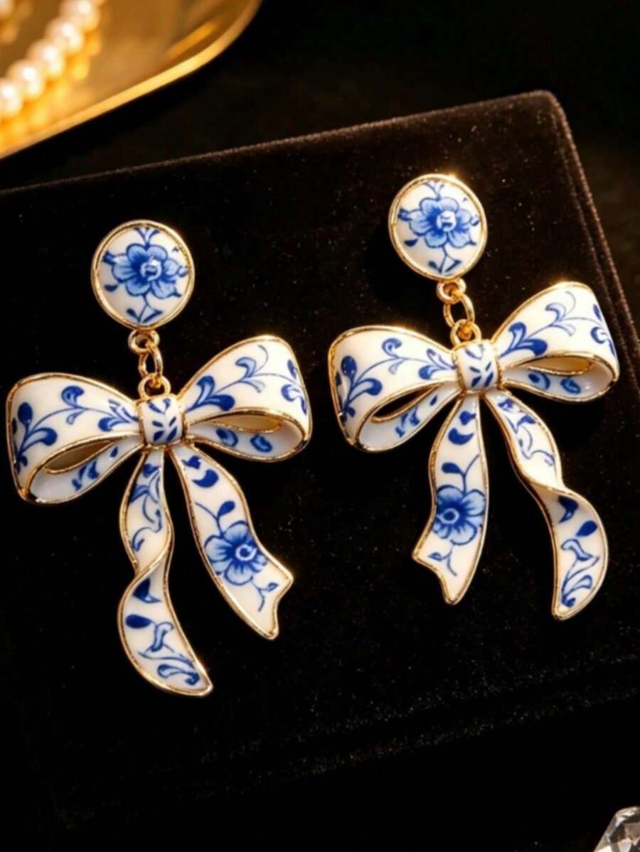 2件組復古油畫滴釉藍白瓷蝴蝶結耳環，時尚琺瑯緞帶耳環女款 - 彩色 - 查看 1