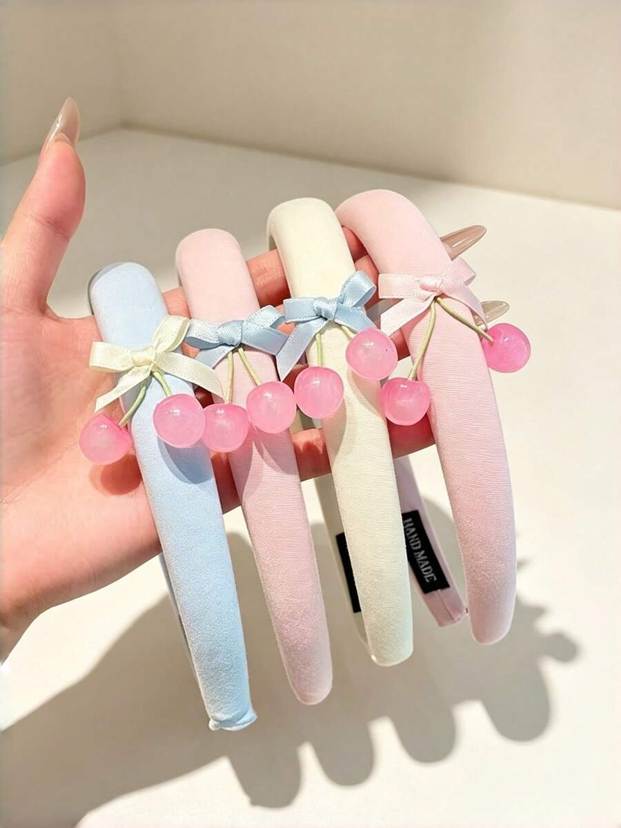 1件馬卡龍果凍櫻桃蝴蝶結海綿髮箍,優雅高冠洗臉髮帶,清新百搭女性髮飾 - 彩色 - 查看 1