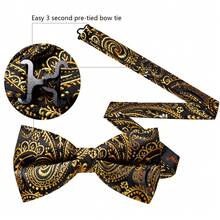 Jacqaurd Paisley Pattern Gold Bow Tie Hanky Cufflinks Complete Evening Party Accessory Kit - Gold - View 4