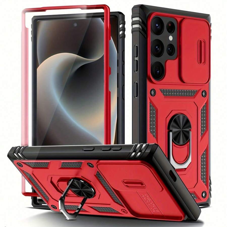 Shockproof Case For IPhone Rotatable Metal Stand Phone Case With Sliding Window Lens Protection And Car Wireless Charging Function - Red - View 1