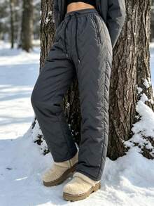 Women's Warm Thick Woven Fabric Straight Leg Quilted Long Pants For Winter - Grey - View 3