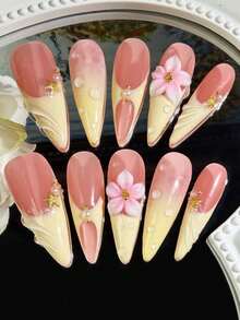 24片純黃色花朵手工假指甲，長款美甲貼片，適合女性與女孩日常配戴 - 黃色 - 查看 7