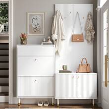 Entryway Storage Rack Set, Slim Folding Shoe Cabinet With Metal Hooks, Multifunctional Hallway - 白色 - 查看 4