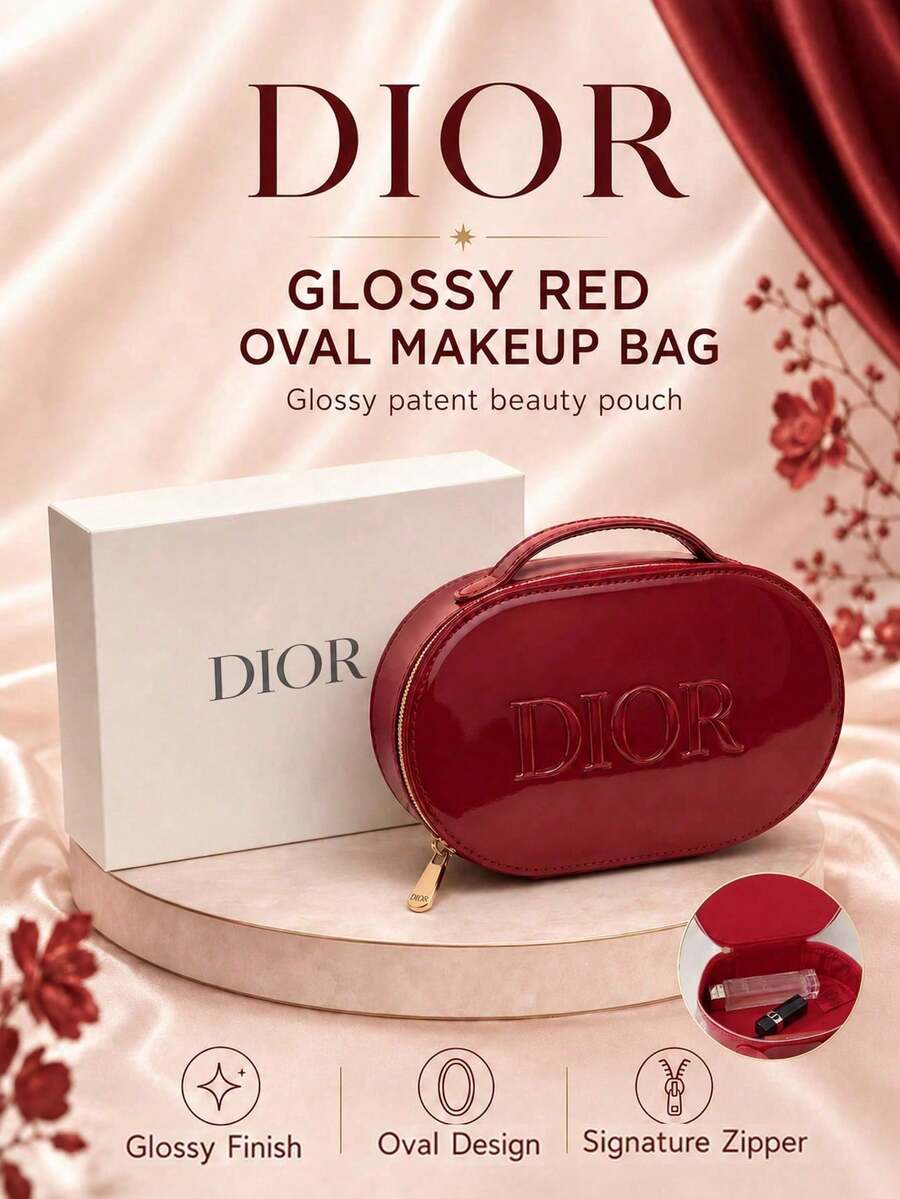 Dior 迪奧紅漆皮橢圓收納包，亮面漆皮質感、順滑金色拉鍊、自帶手提設計、小巧精緻，適合收納口紅彩妝