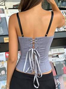 Yuwenier 女款優雅淺灰色抹胸束腰上衣，適合萬聖節、音樂節與夏季 - 灰色 - 查看 5