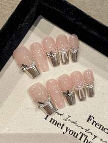 5er Set französische Metall-Schmetterling Y2K Hot Girl Style elegante mittel-lange Sargform handgefertigte Nagelkunst Aufkleber Set - Verschiedenfarbig - Übersicht 1