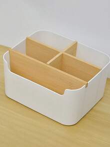 1 pieza Organizador de escritorio de bambú con 5 compartimentos, caja de almacenamiento premium a prueba de humedad para suministros de oficina, soporte para bolígrafos, caja de almacenamiento de cosméticos para el baño, estante multiusos para la sala de estar, organizador de joyas para aretes y anillos, producto de almacenamiento y organización para el hogar, adecuado para escritorio, gabinete, tocador, escritorio de dormitorio, regreso a la escuela - Multicolor - Ver 2