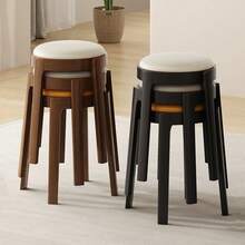 Solid Wood Stool Home Use Stackable Upholstered Bench Living Room Minimalist Modern Sturdy Durable Small Round Stool Dining Table Chair - Beige - View 5