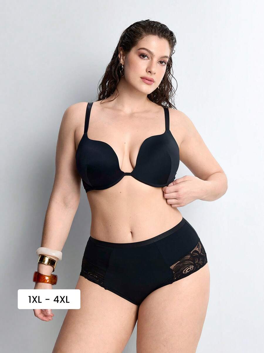 Slumbrini Plus Size Women Sexy Black Lingerie, Casual Comfortable Minimalist Racerback Bra, Deep V Sexy Knit Bra