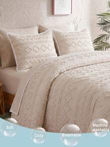 2/3pcs Geometric Striped Cut-Out Light Beige Bedspread Set (1 Bedspread + 1/2 Pillowcases), Simple Versatile Fresh Pastoral, Modern Daily Polyester, Soft And Skin-Friendly, Suitable For Master Bedroom, Guest Bedroom, Secondary Bedroom, All-Season Use - Beige - View 2
