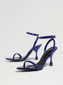 Jin Bei Qi 女款藍色尖頭細高跟涼鞋，扣環設計露趾性感派對時尚極簡舒適高跟鞋，夏季鞋款，易於搭配 - 藍色 - 查看 9