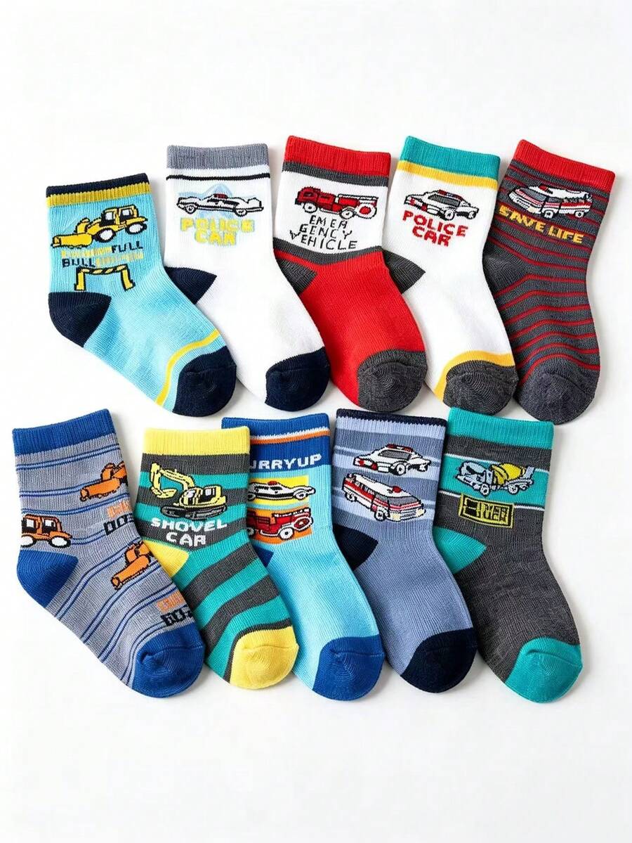 10 Pairs Cute Cartoon Boys Socks, Comfortable Mid-Calf Socks, Suitable For Daily Wear And Student Campus Life - Multicolor - View 1