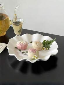 1pc Minimalist Pure White Ceramic Plate With Lotus Leaf Edge, Ceramic Plate For Home Afternoon Tea, Dessert, Cake And Dining - White - View 5