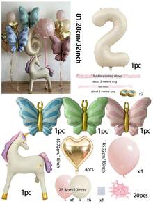 44/5/1 Set Butterfly Unicorn Number Aluminum Foil Balloon Set 0-9, Includes 32 Inch Ivory White Numbers, Standing Unicorn, Butterfly, Heart Shaped Foil Balloons And Latex Balloons, Suitable For Birthday Decoration, Baby Shower, Christening, Wedding Theme Party Supplies, Party Atmosphere Decoration, Indoor/Outdoor Decor, Bridal Shower, Family Party Decoration. - Standing Rocking Horse With Bow - View 17
