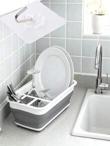 Rak Pengering Piring Lipat dengan Tempat Peralatan Makan, Pengering Piring Lipat, Cocok untuk Dapur RV, Set Pengering Dapur Lipat Kompak Plastik Putih, Tahan Lama dan Hemat Ruang, Cocok untuk Dapur Kecil - Grey - View 7
