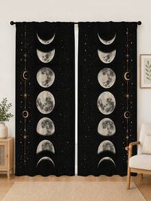 2pcs Polyester Printed Starry Night Sky Forest Moon Pattern Semi-Sheer Curtains, Rod Pocket Design, Machine Washable, Perfect For Bedroom, Office, Kitchen, Living Room, Study Decoration (Rod Not Included), Bedroom Decor, Living Room Curtains - Multicolor 3 - View 6