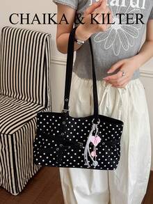 CHAIKA & KILTER 1pc Solid Color PU Fabric Tote Bag, Women's Retro Fashion Shoulder Tote Bag, All-Over Ripple Dot Pattern, Double Handle Design, Zipper Closure, Strap Decoration, Suitable For Daily And Street Use (Sold With Pendant) - Black - View 9