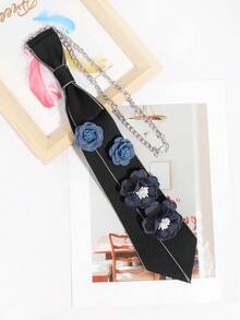 1件女款純色牛仔布3D花朵鏈飾手綁領結，適合甜美酷感學院風穿搭配件 - 彩色 - 查看 9