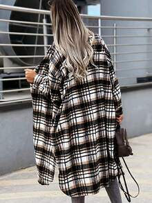 Women Plaid Shacket With Long Sleeves And Collar, Casual Midi Length Drop Shoulder Woven Fabric Coat For Layering In Fall - Black - View 3