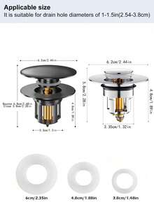 Universal Bathroom Sink Pop-Up Drain Plug, Stainless Steel Push-Type Converter, Rust-Proof Sink Faucet Leak-Proof Plug, Drain Plug And Filter 2-In-1, Black - A - View 6