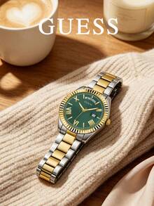 Guess GW0308L5 女款手錶，綠色錶盤，雙色鋼製錶帶，羅馬數字，星期與日期顯示，經典優雅休閒女裝腕錶 - 綠色 - 查看 1