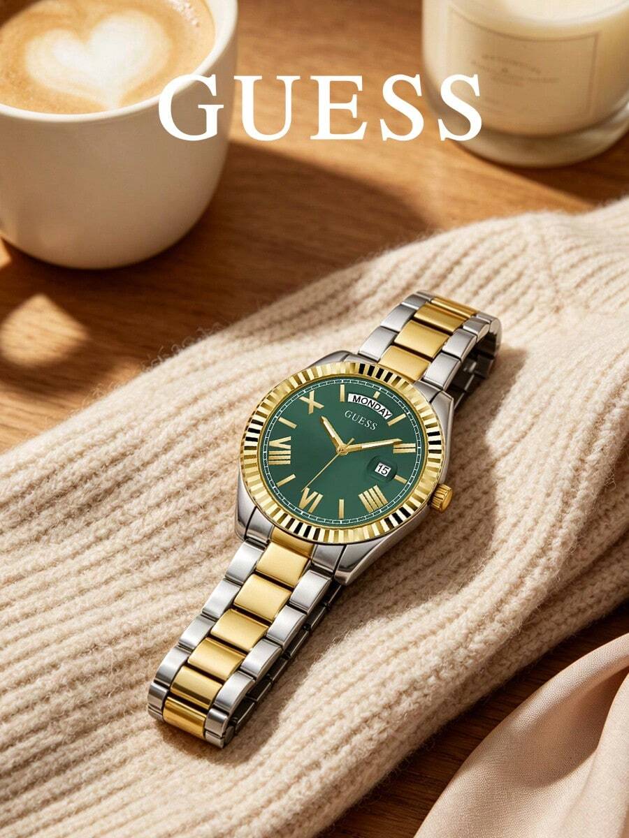 Guess GW0308L5 女款手錶,綠色錶盤,雙色鋼製錶帶,羅馬數字,星期與日期顯示,經典優雅休閒女裝腕錶 - 綠色 - 查看 1