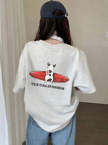 新款夏季 Z 世代 Y2K 風格女款趣味狗狗衝浪印花圓領短袖 T 恤休閒款 - 淺花灰 - 查看 2