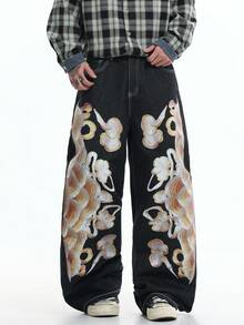 Justice Brother 1pc Hong Kong Style Graphic Print Men's Loose Wide Leg Denim Jeans, All Season Versatile Long Pants (Belt/Accessories Not Included) - Black - View 3
