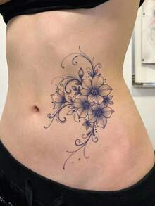 1件時尚可水洗Ins風逼真百合花臨時紋身貼紙，防水持久，清新藤蔓設計，適合女性貼在腰部或側腰，適合所有人 - 藍色 - 查看 4