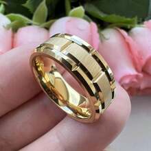 1 Modern Gold-Colored 304 Stainless Steel Ring, Unisex, Gender-Neutral Promise Or Engagement Ring, High-Quality Shine, Durable Jewelry - Gold-plated Stainless Steel Ring With Notched Pattern - View 2