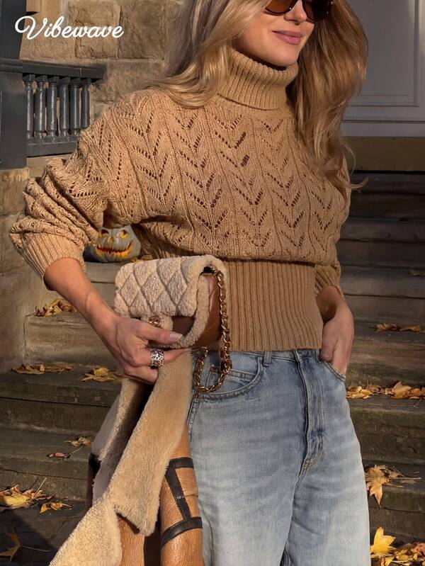 2026 Automne/Hiver Nouveau Pull décontracté Femme Col Montant Court Tricot Câblé Motif Chevrons Manches Longues