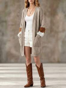 Áo cardigan len nữ dáng rộng thoải mái, mềm mại, phong cách lười, tay lồng đèn vai trễ, họa tiết sọc sóng phối màu, mở trước, độ dài vừa, mặc thường ngày mùa thu/đông - Màu Khaki - Xem 5