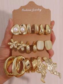 6-18PCS Gold Fashion Elegant Casual Women's Earrings Set, Includes Pearl Studs, Flower, Water Drop, Wave Geometric Design, Suitable For Daily Commute, Date, Vacation, Everyday Versatile, Unique Non-Clashing Style - Gold - View 11