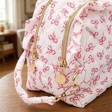 1pc Multifunctional Bow Print Baby Storage Bag, Portable Handheld Design, Built-In Compartments For Bottles, Diapers, Tissues, Easily Meet Baby's Feeding, Diaper Changing And Daily Storage Needs. Cute Plaid And Bow Pattern With Soft Ruffle Trim, Fresh And Attractive Appearance, Suitable For Strollers, Mommy Bags, Bedroom Desktops And Travel Luggage. - Multicolor - View 2