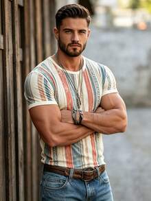 Men's Retro Striped Round Neck T-Shirt, Summer Casual Short Sleeved Top - Multicolor - View 2