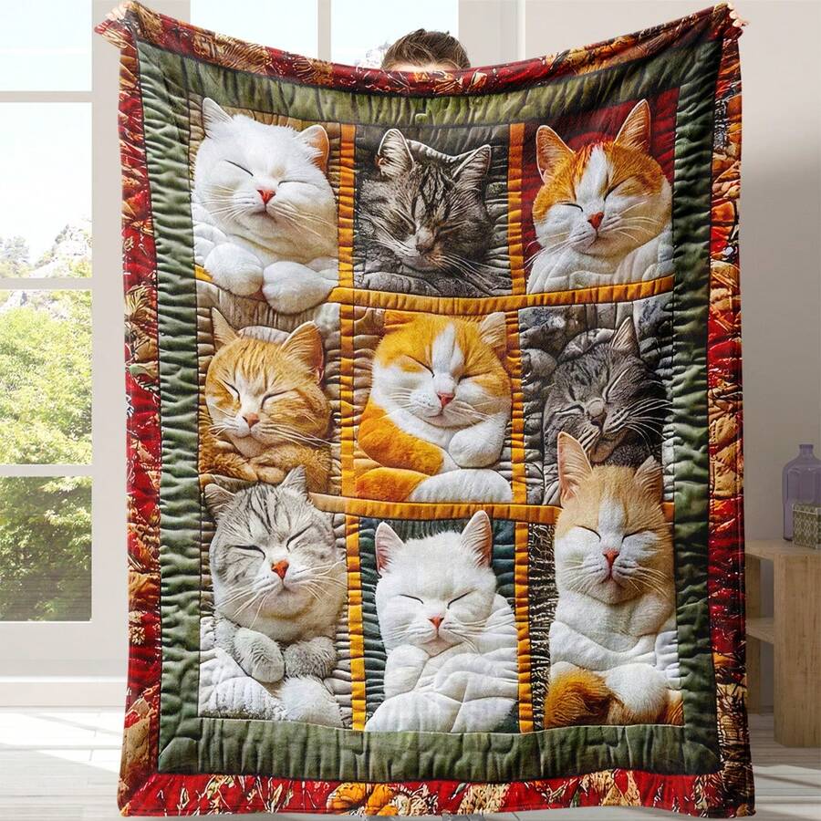 1pc Cat Flannel Blanket, Novel Flannel Blanket, Soft And Comfortable For Nap, Office, School, Home, Picnic, Travel, Gift - Mocha Brown - View 1