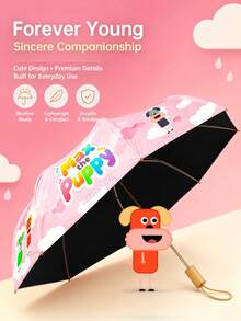 1pc Folding Umbrella, Waterproof & UV Protection, Cute Cartoon Pink, Unisex, Sun & Rain Dual Use, Black Coating UPF50+, 8 Ribs, Max The Puppy Sun Protection Parasol Bag, Suitable For Vacation Travel Camping Commuting, Cute Gift - Foldable - View 3