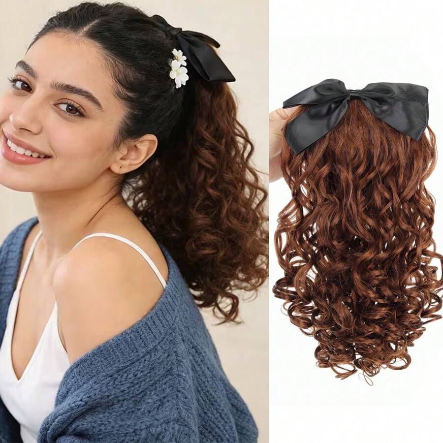 Bow Ponytail Extension With Large Black Bow 14-Inch Short Curly Wavy Ponytail Hairpiece Suitable For Women'S Use Of Artificial Fluffy Ponytail Extension Suitable For Daily - Multicolor - View 1