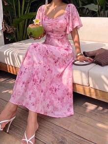 Women's Elegant Floral Short Sleeve Maxi Dress ,Square Neck Ruffle  Ruched High Waist Slim Fit Dress, 2026 Spring Summer New Outfit For Date Vacation. - 粉色 - 查看 1