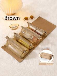 1pc (4-In-1) Woven Travel Makeup Organizer Bag, With Adjustable Shoulder Strap, Open Mesh Compartments For Brushes And Lipsticks, Lightweight Portable Toiletry Bag, Fashionable Beige, Wet Wipe Cleanable, Makeup Travel Bag, Daily Cosmetics Storage - Multicolor - View 7