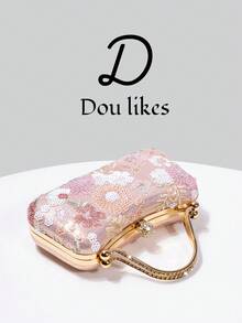 1件裝亮片刺繡晚宴包，花卉亮片與刺繡設計，高階訂婚手拿包，適合旗袍/晚禮服，附金屬鏈條，優雅女士風格，適用派對、婚禮、畢業舞會、晚餐/宴會，完美搭配女款畢業舞會禮服、畢業舞會配件、亮片洋裝、閃亮洋裝、女士優雅禮服 - 粉色 - 查看 6