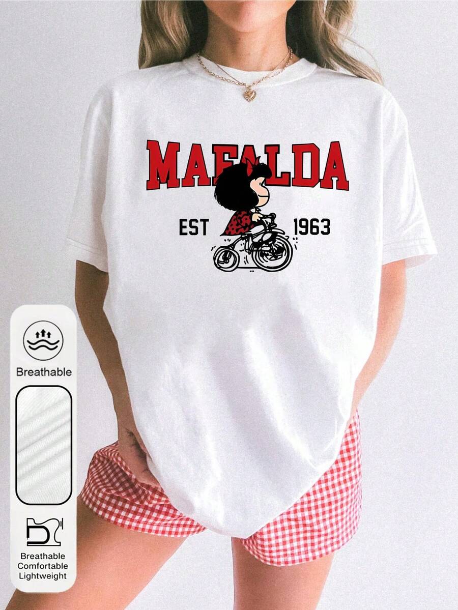 2026 Summer Women's Blouse MAFALDA 1963 Model Graphic Print Short Sleeve Round Neck Shirt Available In Various Sizes. - White - View 1