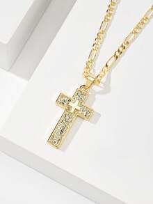1PC European & American Classic Style Copper Layered Large Vintage Gold Double Cross Guardian Light Limited Edition Pendant Necklace, Suitable For Christmas/Thanksgiving/Halloween/Mother's Day/Valentine's Day Couples/Friends/Fellow Believers Gift, Catholic First Communion, Gift, Daily & Holiday Wear Prayer - Yellow Gold - View 3