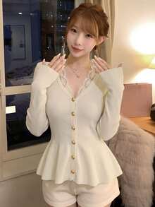 2026 Autumn/Winter New Minimalist Sexy Style Lace Patchwork Ribbed Knit Cardigan, Rich Girl Style Waist-Defining Ruffle Hem Slimming Long Sleeve Fall - Apricot - View 6