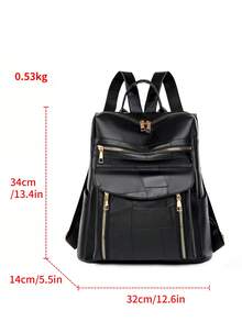 LECEY 幾何縫線PU休閒後背包，多層前拉鍊口袋、側邊水壺收納袋、可調節寬肩帶，女款機能後背包 - 黑色 - 查看 9