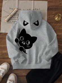 1pc Tween Girls Fun Peeking Black Cat Print Hooded Sweatshirt, Light Oatmeal Grey Loose Casual Pullover Top, Spring Autumn - Grey - View 3