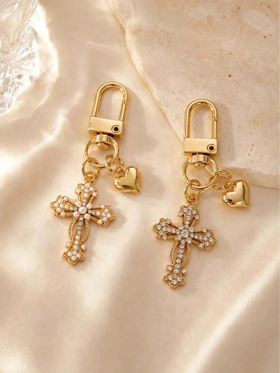 1 Set 2pcs Women's Minimalist Rhinestone Cross & Heart Pendant Keychain, Fashion Elegant Feng Shui Crystal Heart Exquisite Gift Earphone Case Key Ring Accessory - Multicolor - View 1
