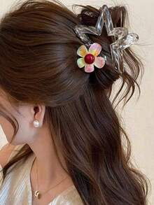 1pc New Iridescent Floral & Star Hair Claw Clip For Women, Premium Hair Claw With Full Back-Of-Head Hold, Floral Print Hair Accessory, Casual Hair Claw, All-Season Wear - Multicolor - View 5