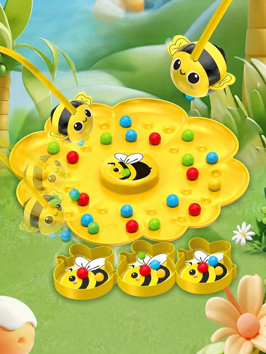 Child-Friendly Cute Bee Design - Fun Honey Collection Magnetic Bead Toy Set, Suitable For 2 Players. Early Education Cognitive Development Toy. Children's Fishing Game.