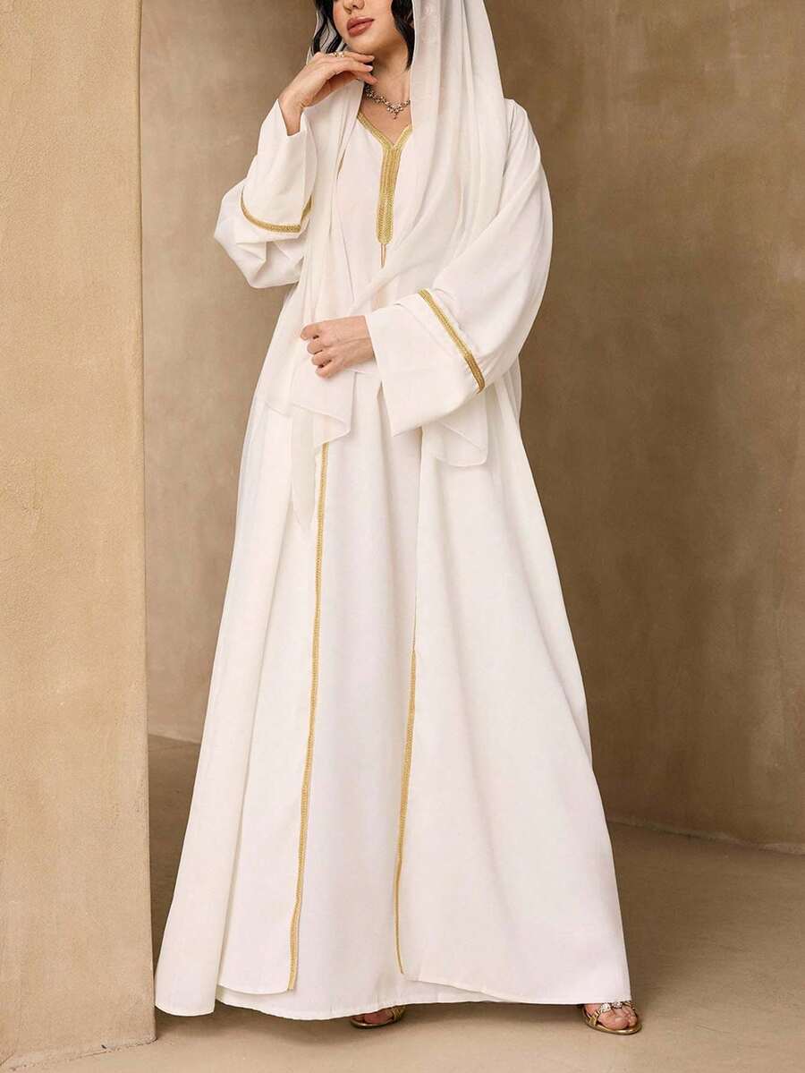 Fashionable Versatile Solid Color 3-Piece Set Women's Minimalist Sleeveless Long Robe + Abaya Cardigan Long Robe + Scarf Set, Soft Skin-Friendly Sun Protection Muslim Clothing Shawl - White - View 1
